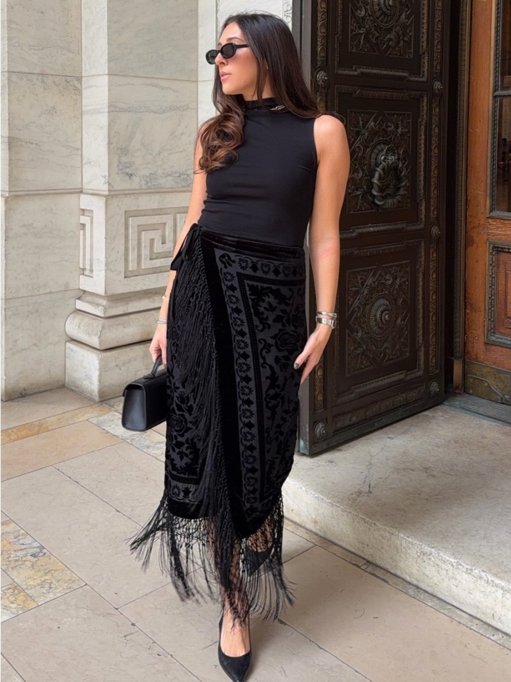 Zara Black Velvet Fringe Wrap Midi Skirt - Picture 9 of 15